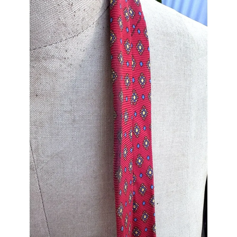 Balenciaga Red Geometric Yellow Blue Diamond 100% Silk Tie Made Italy 3.75